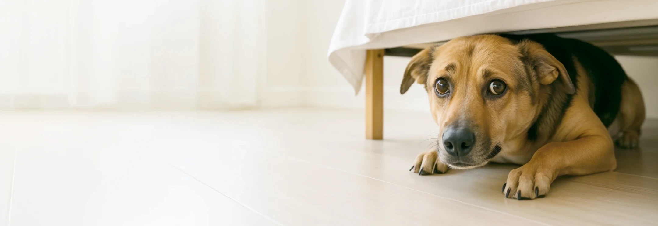 perro asustado bajo la cama por ruido de polvora